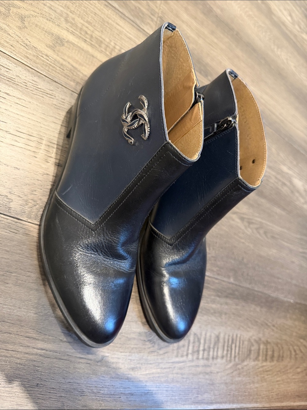 CHANEL Black Leather Chukka Boots with Silver CC Emblem